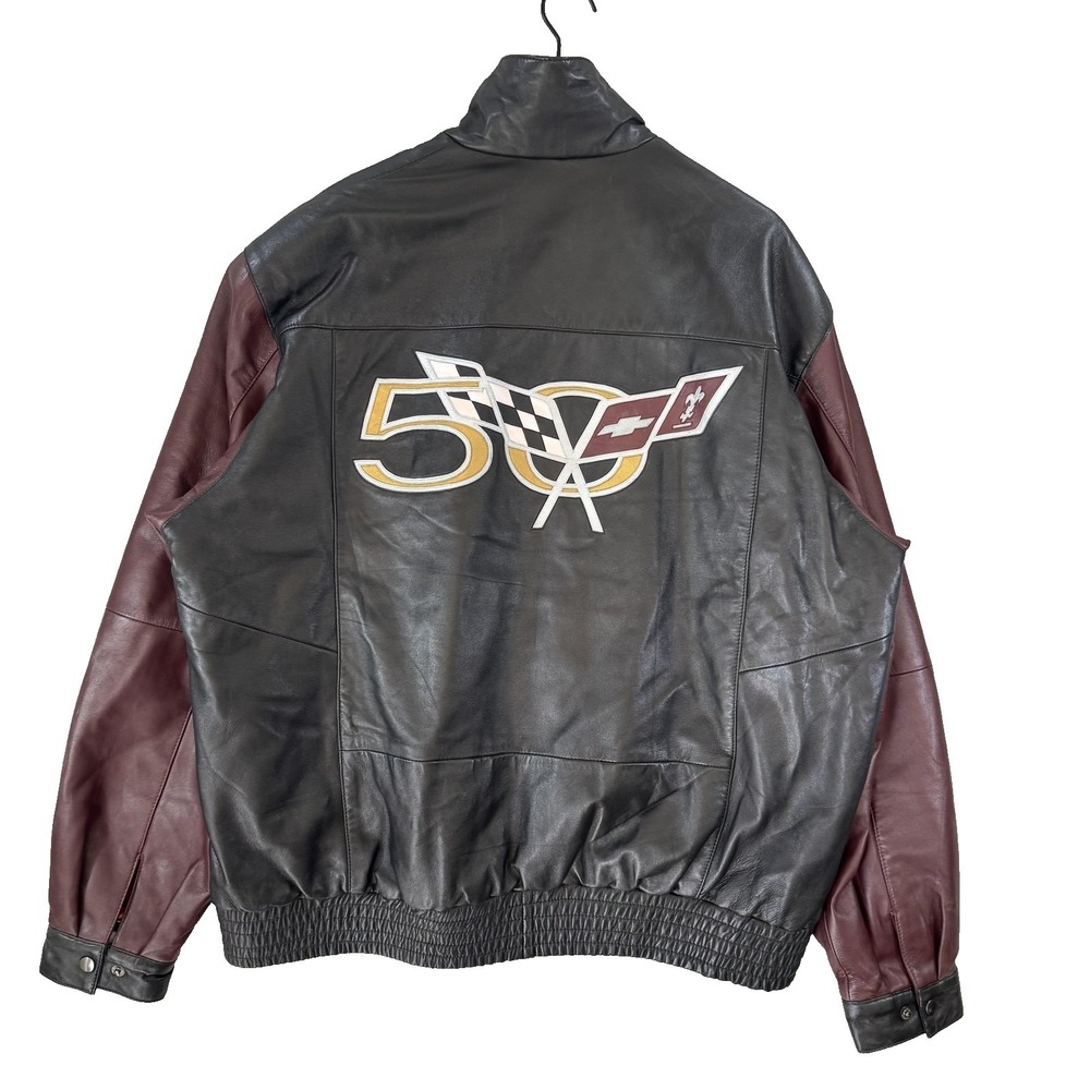 Vintage Corvette Jacket Mens 2XL Black Leather 50th Anniversary Bomber Racing